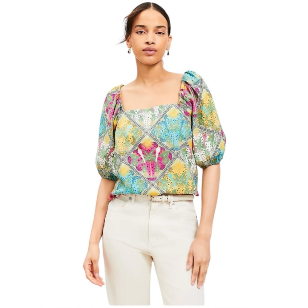 LOFT Palm Bubble Sleeve Square Neck Blouse Size Medium